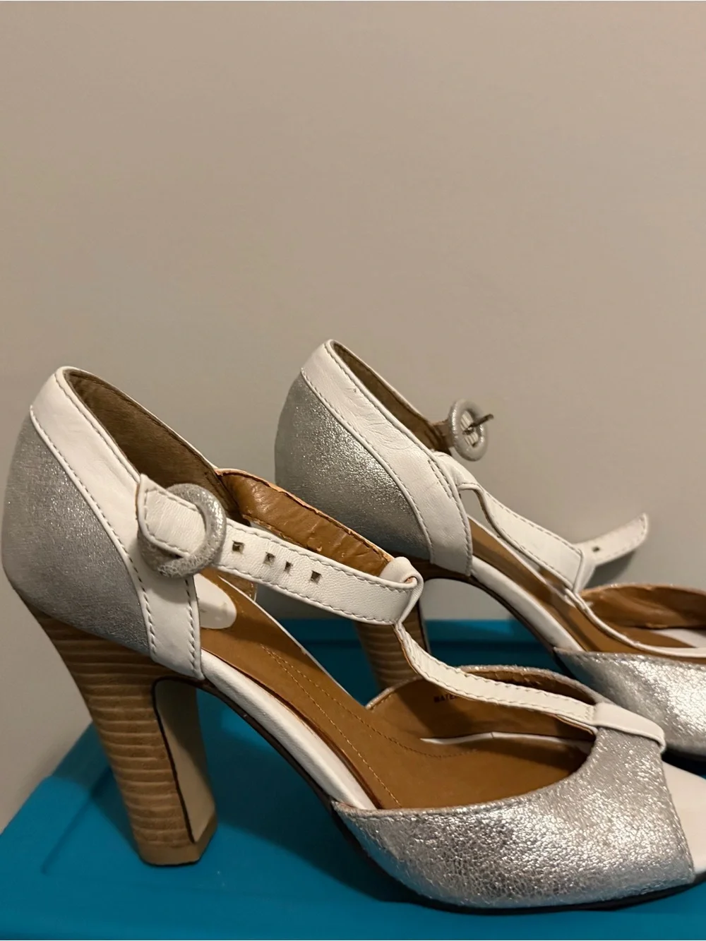 White and Silver T-Strap Mid Heel Pumps